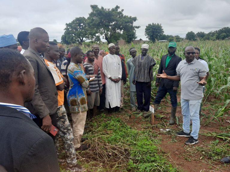 Dr Yeboah explaining the technologies to the farmers on the field