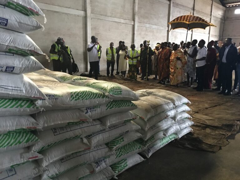 Mrs. Kagya-Agyemang, other dignitaries and bags of fertilizers for free distribution to farmers