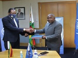 Honourable Dr Anxious Masuka, Minister of Agriculture and Dr Patrice Talla, FAO Subregional Coordinator and FAO Representative to Zimbabwe signing the Country Programming Framework