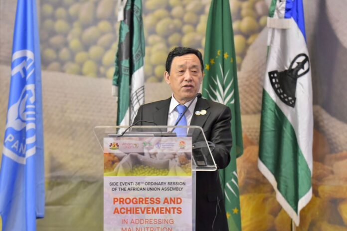 FAO Director-General QU Dongyu speaks at 36th ordinary session of the Assembly of the African Union in Addis Ababa, Ethiopia. ©FAO/Michael Tewelde