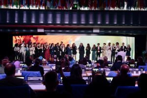 FAO Director-General QU Dongyu and his staff at the closing ceremony of the 2023 World Food Forum.©FAO/Cristiano Minichiello.