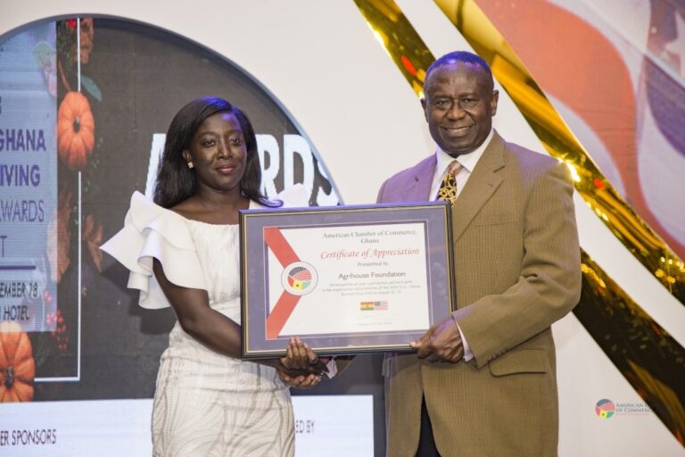 Miss Linda Boateng, Communications and Online Executive at Agrihouse Foundation receiving the award on behalf of AgriHouse 