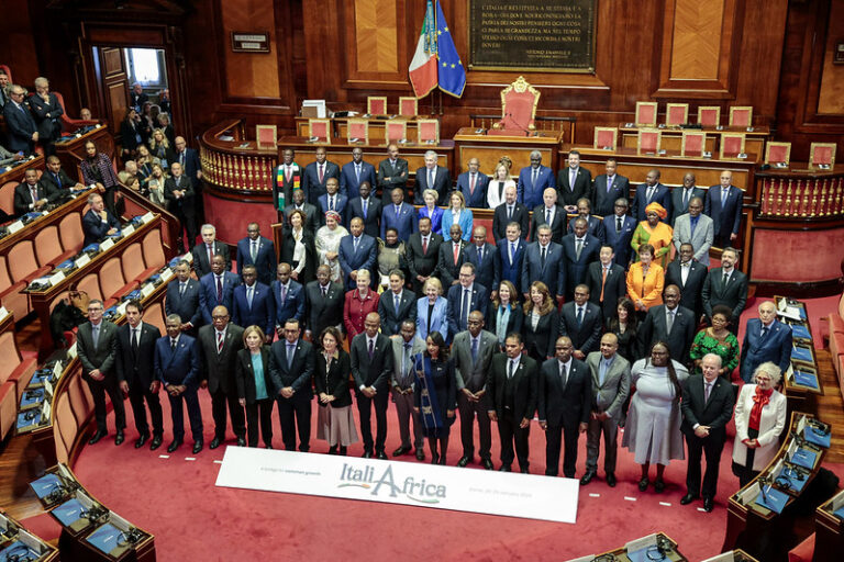 FAO Director-General QU Dongyu takes part in the family photo of the summit: “Italy-Africa: A bridge of common growth" at the Italian Senate. ©FAO/Giuseppe Carotenuto