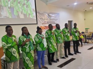 Mr Andrews Addoquaye Tagoe, General Secretary for GAWU, in the middle, flanked by other newly elected national officers