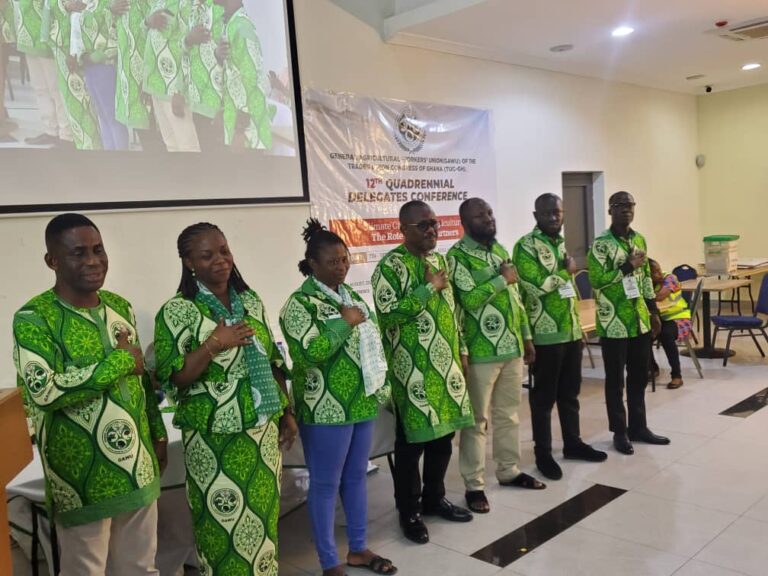 Mr Andrews Addoquaye Tagoe, General Secretary for GAWU, in the middle, flanked by other newly elected national officers
