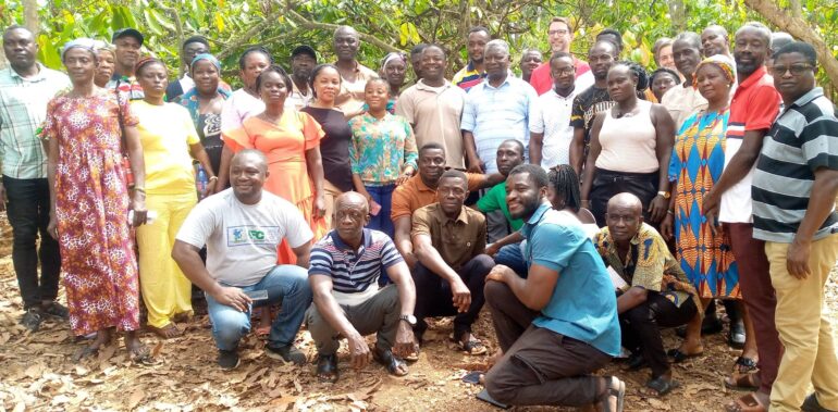 Participants at Abraham farms (cocoa agroforestry farm ), Abodwo a suburb of Bunso in the Eastern Region.
