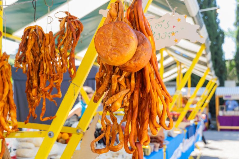 Smoked Sulguni cheese at a market in Tbilisi. ©FAO/Guram Saqvarelidze