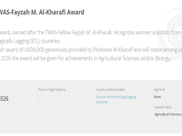 TWAS-Fayzah M. Al-Kharafi Award in Agricultural Sciences and/or Biology (Award of USD4,000)