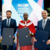 (L–R) Jonas Stumpf, Managing Director of Help Logistics; Philip Koyei, Maasai Integrated Development Initiative (MIDI) and Ali Haddad, Executive Director of the Jordan Youth Innovation Forum, winners of the FAO Partnership Award, pose for a group photo at FAO's headquarters in Rome. ©FAO/Giuseppe Carotenuto