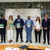 From left, Kaveh Zahedi, FAO Assistant Director-General and Director of the Office of Climate Change, Biodiversity and Environment (OCB), Seyni Nafo, Secretary General of the AAA Initiative, Çomoğlu Ülgen, Ambassador of the Republic of Türkiye to Italy, Bernard Kini Comoé, Minister Delegate for Food Crop Production of Côte d'Ivoire, Godfrey Magwenzi, FAO Deputy Director-General, Ghita el Ghorfi, Director General of the AAA Initiative, Youssef Balla, Ambassador of the Kingdom of Morocco to Italy and Permanent Representative to the United Nations Organisations in Rome, and Rattan Lal, Distinguished Professor of Soil Science, The Ohio State University, 2020 World Food Prize laureate, and AAA Scientific Committee member stand for a group photo holding the book “The State of African Agricultural adaption, 2016-2026 Assessment and Roadmap to 2036” during the High-Level Event Celebrating 10 Years of the AAA Initiative; FAO headquarters (King Faisal Room). ©FAO/Pier Paolo Cito