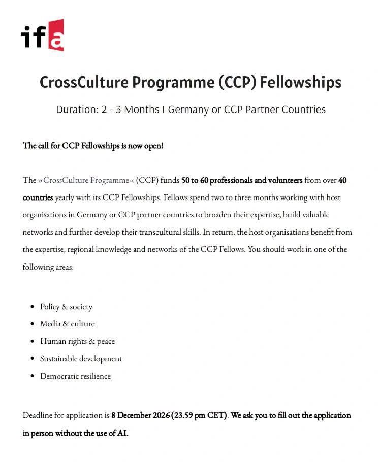 CrossCulture Programme (CCP) Fellowships 2027 (monthly stipend available)